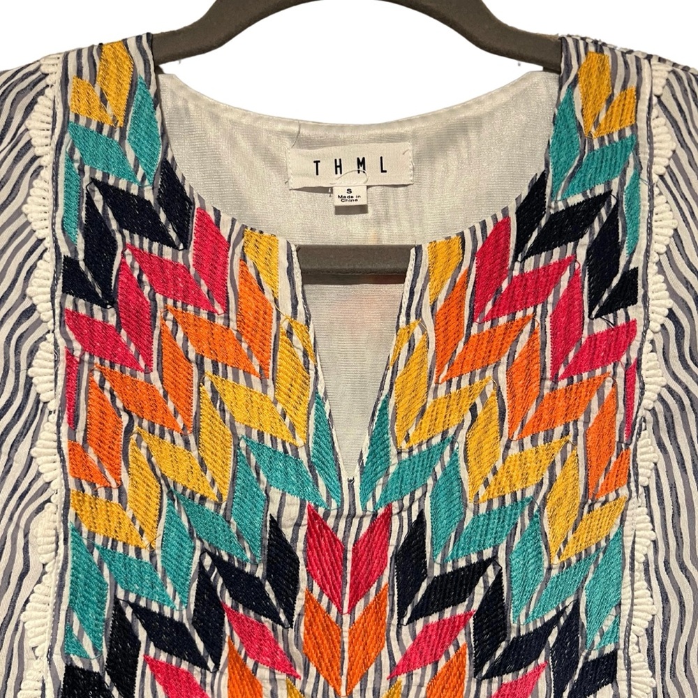 THML Blue/White Striped Flutter Sleeve Multicolor Embroidered Mini Dress Size S